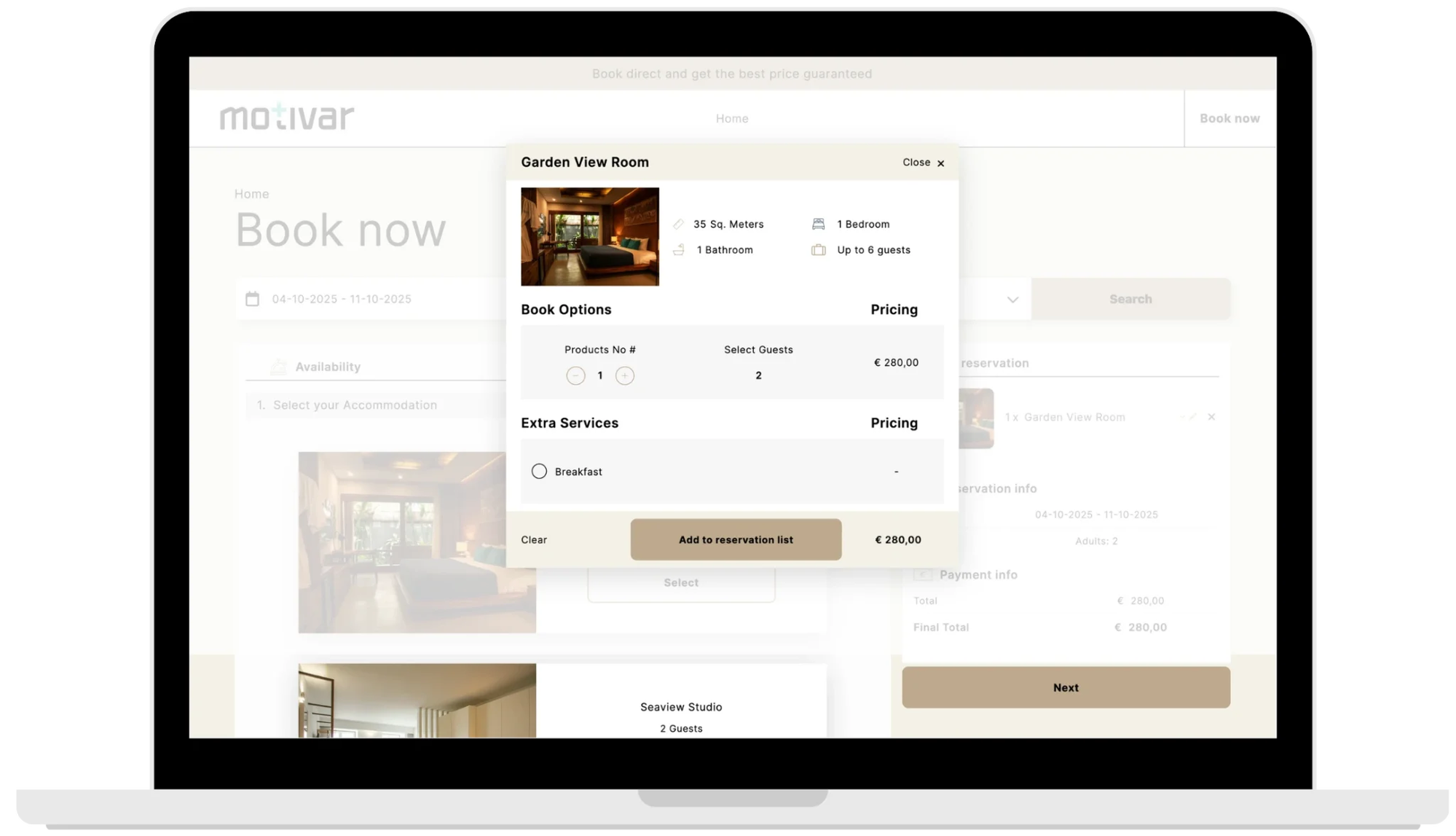 Filox Accommodation booking demo — Garden View Room selection