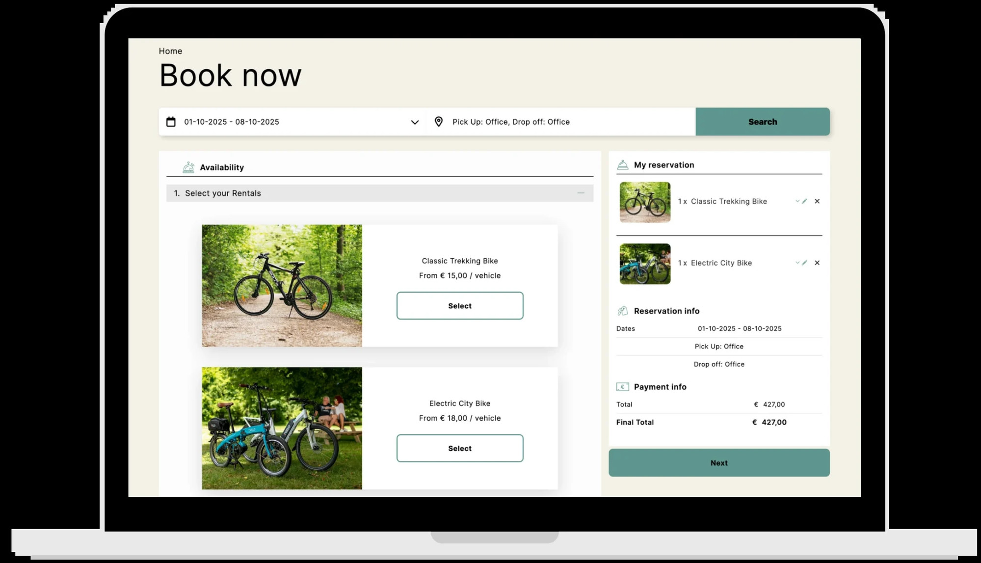 Filox Rentals booking demo — Classic Trekking Bike and Electric City Bike selection