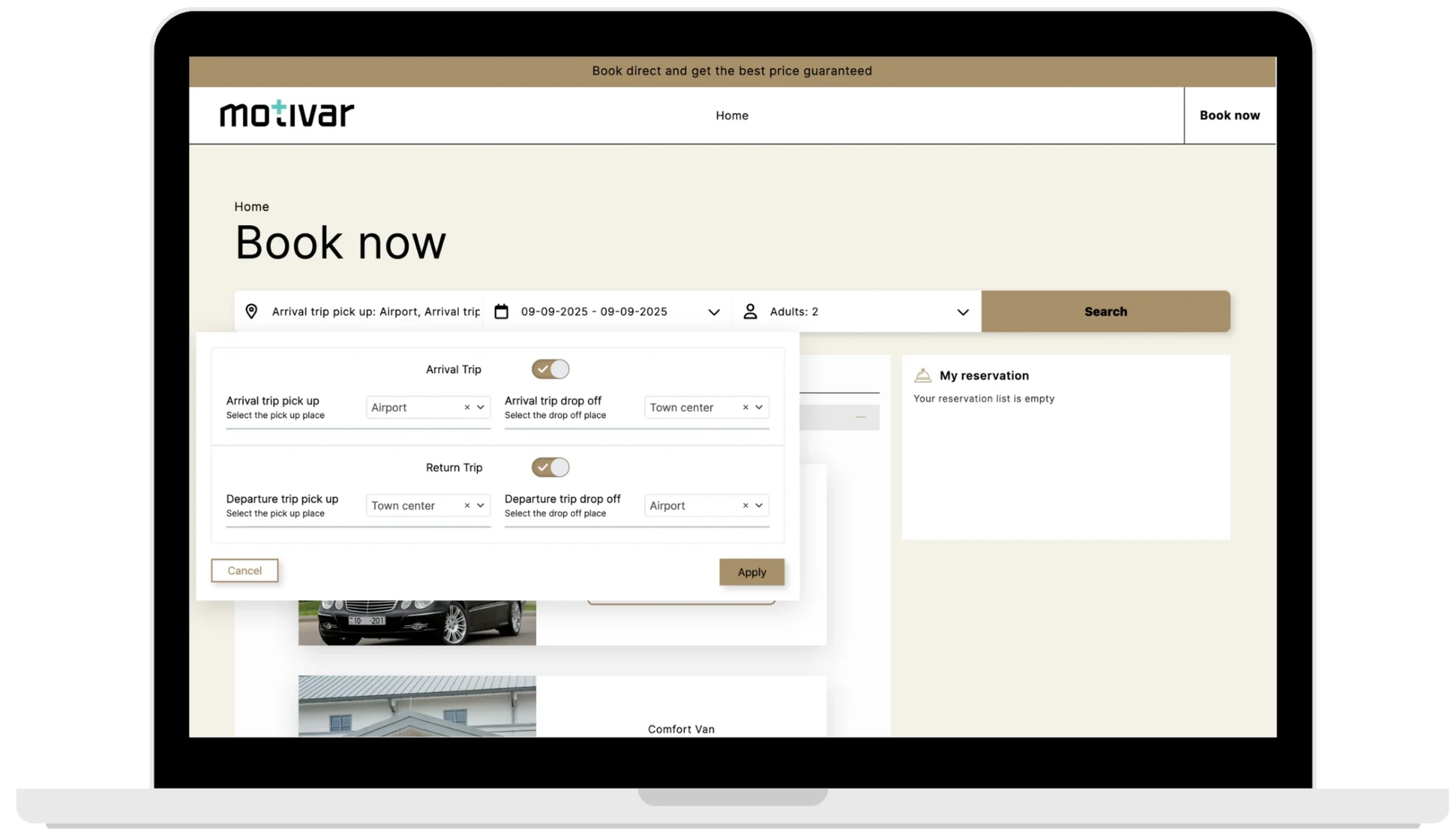 Filox Transfers booking demo — airport arrival and return trip selection