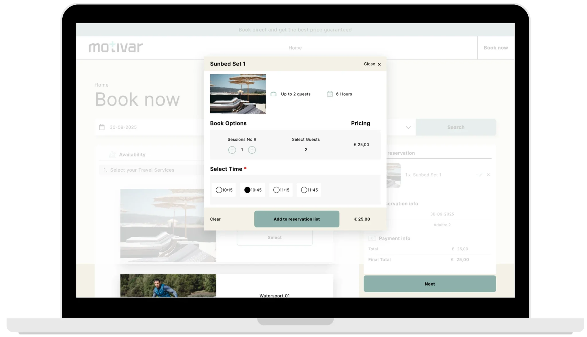 Filox Travel Services booking demo — Sunbed Set session selector